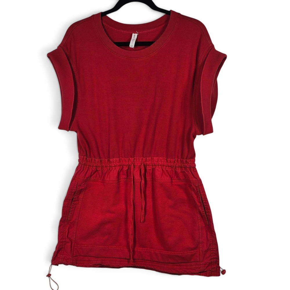 Daily Practice Dress Womens Med Red Ribbed Knit Woven Mix Drawstring Mini Sport